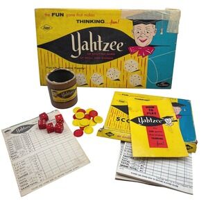 Vtg 1956 Yahtzee Game Complete ES Lowe No 950 Red Dic Chips Cups Score Pads Box